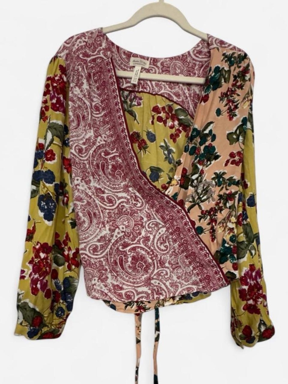 Anthropologie Multi-Print Wrap Blouse in Pink, Olive, Mustard